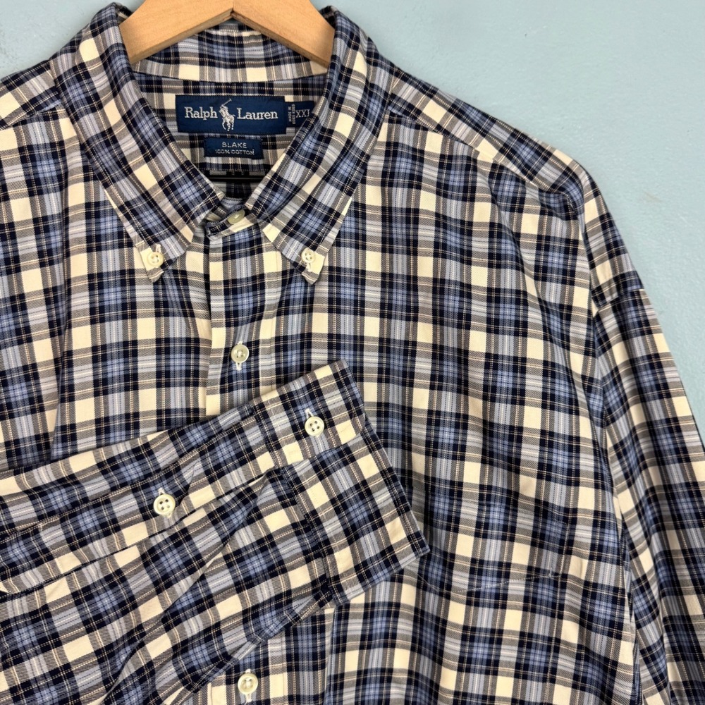 Ralph Lauren Blake Mens 2XL Blue Cream Plaid Long Sleeve Button Down Dress Shirt